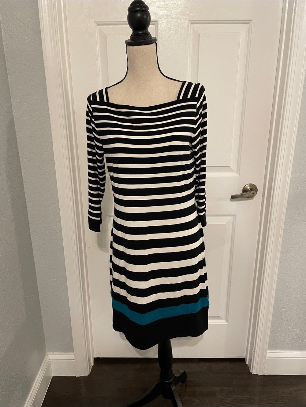 White House Black Market Black & White Striped Long Sleeve Dress with Teal Band